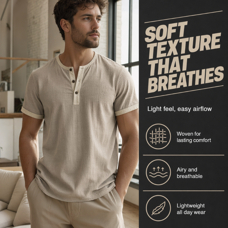 🌿 Kurzärmeliges, atmungsaktives Henley-Shirt mit Kontrast