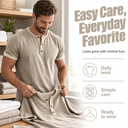 🌿 Kurzärmeliges, atmungsaktives Henley-Shirt mit Kontrast