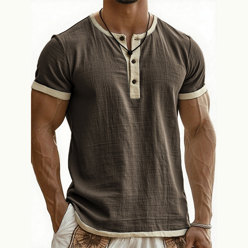 🌿 Kurzärmeliges, atmungsaktives Henley-Shirt mit Kontrast