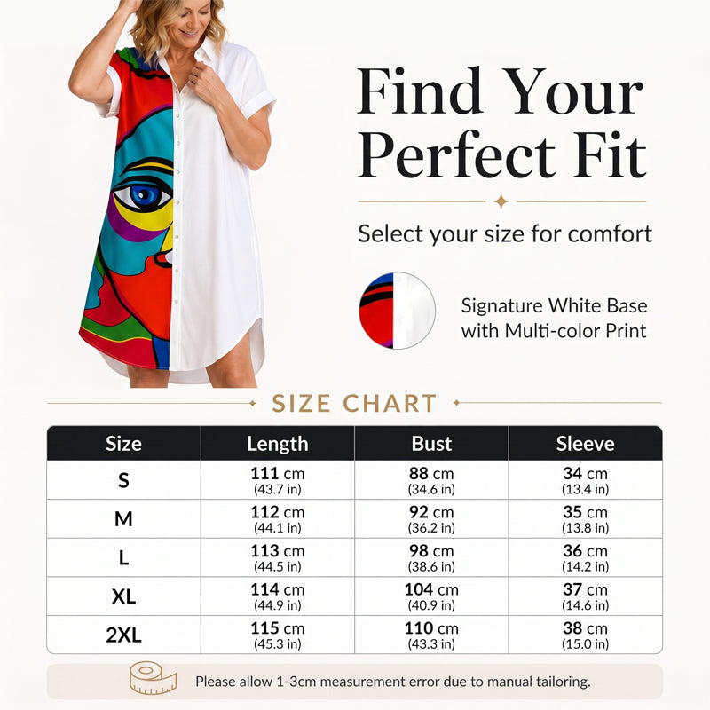 🎨✨Bedrucktes Hemdkleid für Damen im kunstvollen Porträtstil – einzigartiges Design, leichter Stoff & vielseitig – perfekt für Alltag, Büro & besondere Anlässe