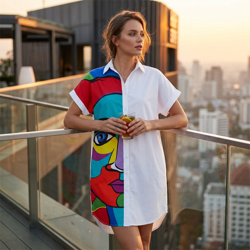 🎨✨Bedrucktes Hemdkleid für Damen im kunstvollen Porträtstil – einzigartiges Design, leichter Stoff & vielseitig – perfekt für Alltag, Büro & besondere Anlässe