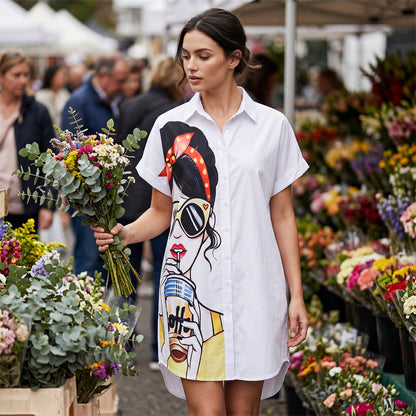🎨✨Bedrucktes Hemdkleid für Damen im kunstvollen Porträtstil – einzigartiges Design, leichter Stoff & vielseitig – perfekt für Alltag, Büro & besondere Anlässe
