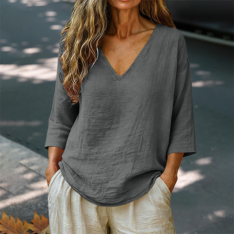 👕 Lässige Damenbluse mit V-Ausschnitt und Dreiviertelärmeln – eleganter Look, luftiger Schnitt & vielseitig – perfekt für Alltag, Büro & Freizeit