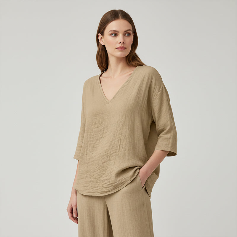 👕 Lässige Damenbluse mit V-Ausschnitt und Dreiviertelärmeln – eleganter Look, luftiger Schnitt & vielseitig – perfekt für Alltag, Büro & Freizeit