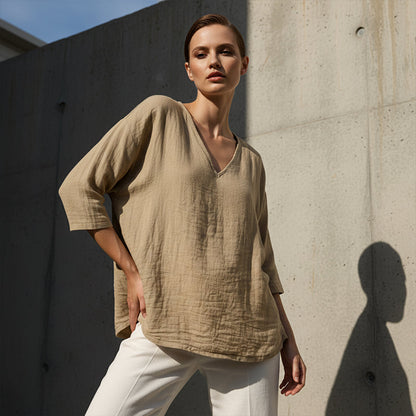 👕 Lässige Damenbluse mit V-Ausschnitt und Dreiviertelärmeln – eleganter Look, luftiger Schnitt & vielseitig – perfekt für Alltag, Büro & Freizeit