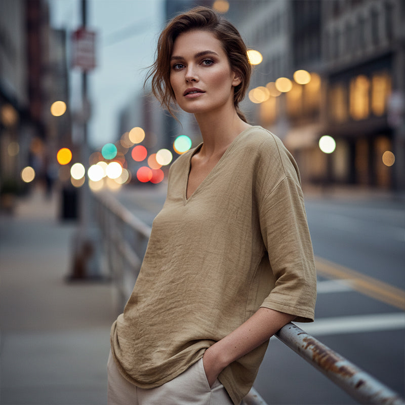 👕 Lässige Damenbluse mit V-Ausschnitt und Dreiviertelärmeln – eleganter Look, luftiger Schnitt & vielseitig – perfekt für Alltag, Büro & Freizeit