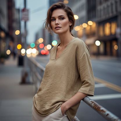 👕 Lässige Damenbluse mit V-Ausschnitt und Dreiviertelärmeln – eleganter Look, luftiger Schnitt & vielseitig – perfekt für Alltag, Büro & Freizeit