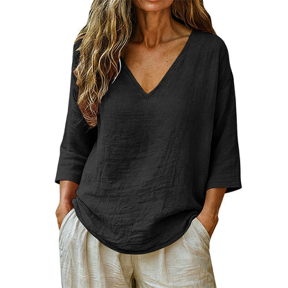 👕 Lässige Damenbluse mit V-Ausschnitt und Dreiviertelärmeln – eleganter Look, luftiger Schnitt & vielseitig – perfekt für Alltag, Büro & Freizeit