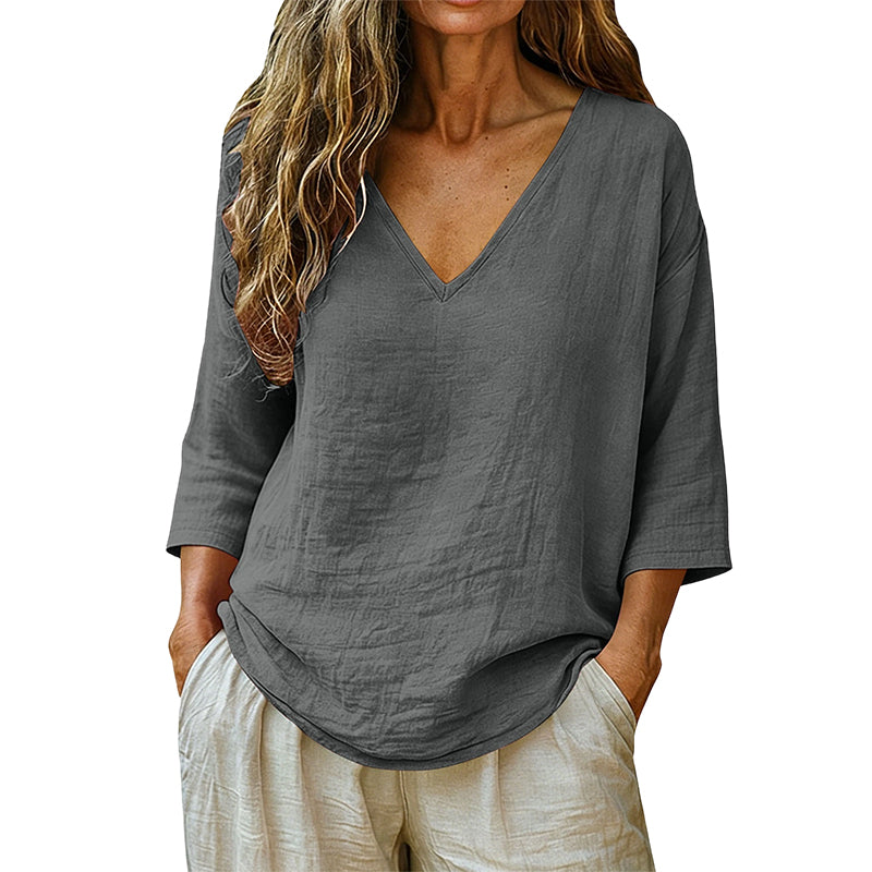 👕 Lässige Damenbluse mit V-Ausschnitt und Dreiviertelärmeln – eleganter Look, luftiger Schnitt & vielseitig – perfekt für Alltag, Büro & Freizeit