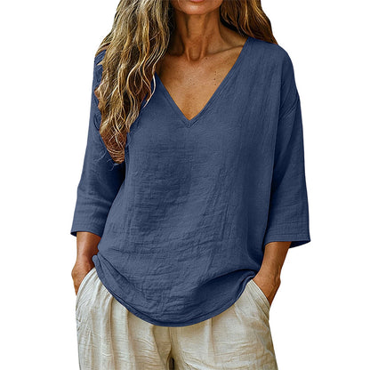 👕 Lässige Damenbluse mit V-Ausschnitt und Dreiviertelärmeln – eleganter Look, luftiger Schnitt & vielseitig – perfekt für Alltag, Büro & Freizeit