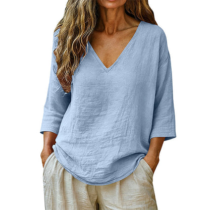 👕 Lässige Damenbluse mit V-Ausschnitt und Dreiviertelärmeln – eleganter Look, luftiger Schnitt & vielseitig – perfekt für Alltag, Büro & Freizeit