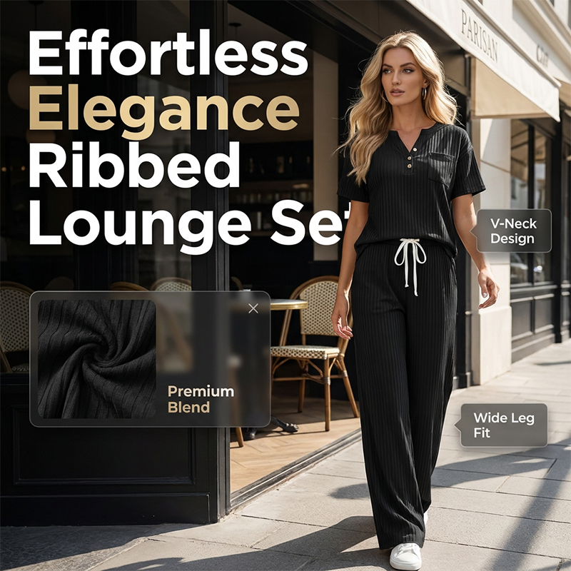 🧶Zweiteiliges Set aus Rippstrick-Oberteil und Hose für Damen – bequem, elastisch & perfekt aufeinander abgestimmt – ideal für Lounge, Homeoffice & Freizeit | Versandfrei