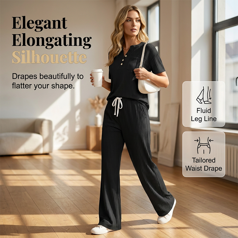 🧶Zweiteiliges Set aus Rippstrick-Oberteil und Hose für Damen – bequem, elastisch & perfekt aufeinander abgestimmt – ideal für Lounge, Homeoffice & Freizeit | Versandfrei