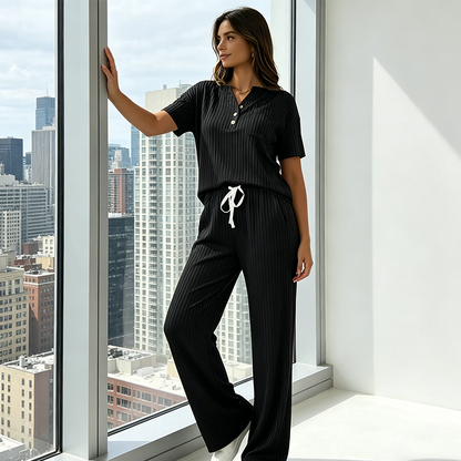 🧶Zweiteiliges Set aus Rippstrick-Oberteil und Hose für Damen – bequem, elastisch & perfekt aufeinander abgestimmt – ideal für Lounge, Homeoffice & Freizeit | Versandfrei