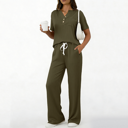 🧶Zweiteiliges Set aus Rippstrick-Oberteil und Hose für Damen – bequem, elastisch & perfekt aufeinander abgestimmt – ideal für Lounge, Homeoffice & Freizeit | Versandfrei