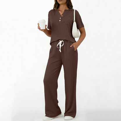 🧶Zweiteiliges Set aus Rippstrick-Oberteil und Hose für Damen – bequem, elastisch & perfekt aufeinander abgestimmt – ideal für Lounge, Homeoffice & Freizeit | Versandfrei