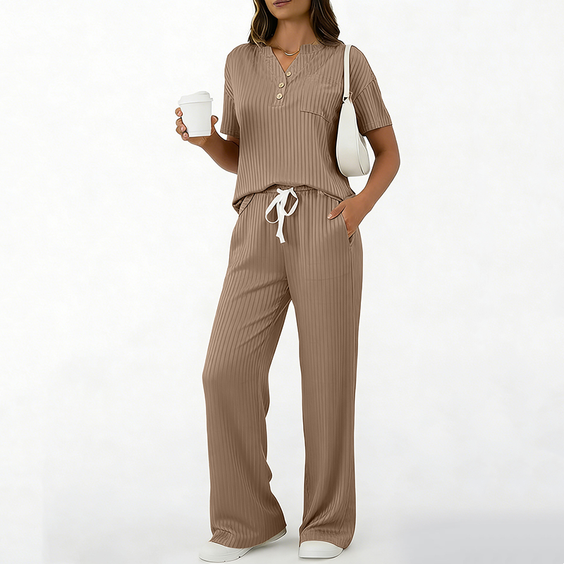 🧶Zweiteiliges Set aus Rippstrick-Oberteil und Hose für Damen – bequem, elastisch & perfekt aufeinander abgestimmt – ideal für Lounge, Homeoffice & Freizeit | Versandfrei