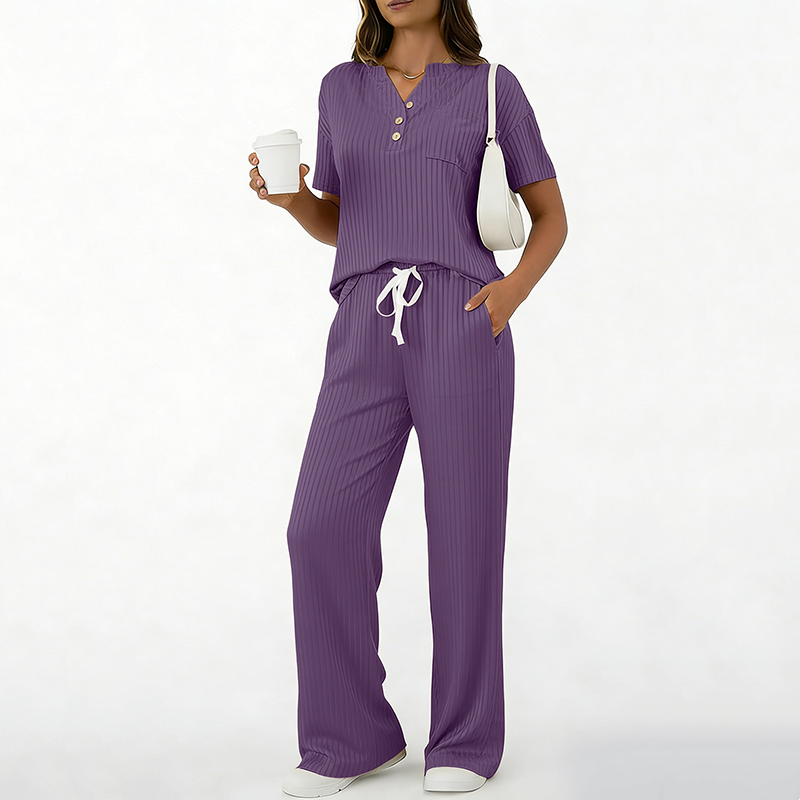 🧶Zweiteiliges Set aus Rippstrick-Oberteil und Hose für Damen – bequem, elastisch & perfekt aufeinander abgestimmt – ideal für Lounge, Homeoffice & Freizeit | Versandfrei