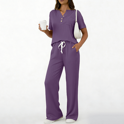 🧶Zweiteiliges Set aus Rippstrick-Oberteil und Hose für Damen – bequem, elastisch & perfekt aufeinander abgestimmt – ideal für Lounge, Homeoffice & Freizeit | Versandfrei