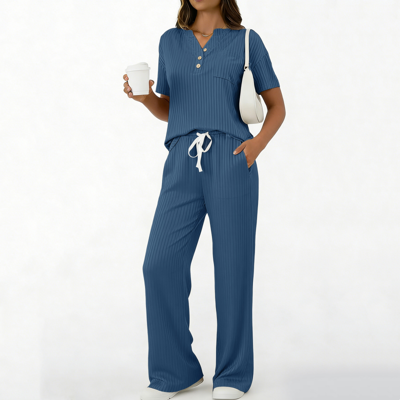 🧶Zweiteiliges Set aus Rippstrick-Oberteil und Hose für Damen – bequem, elastisch & perfekt aufeinander abgestimmt – ideal für Lounge, Homeoffice & Freizeit | Versandfrei