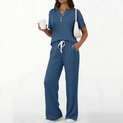 🧶Zweiteiliges Set aus Rippstrick-Oberteil und Hose für Damen – bequem, elastisch & perfekt aufeinander abgestimmt – ideal für Lounge, Homeoffice & Freizeit | Versandfrei