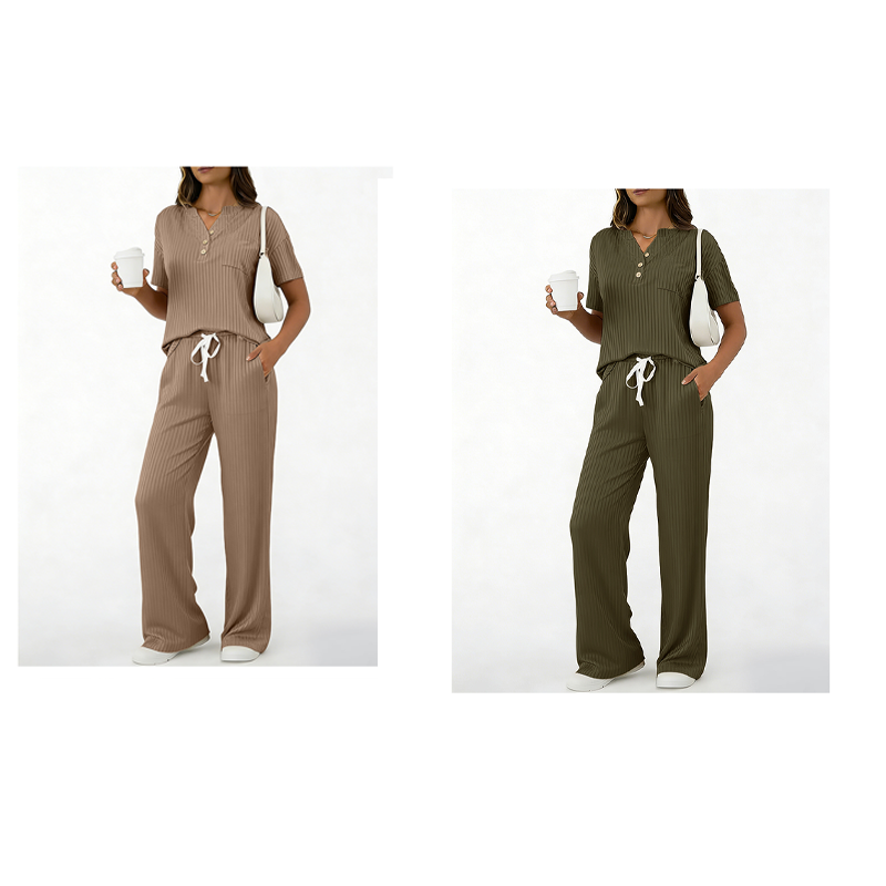🧶Zweiteiliges Set aus Rippstrick-Oberteil und Hose für Damen – bequem, elastisch & perfekt aufeinander abgestimmt – ideal für Lounge, Homeoffice & Freizeit | Versandfrei