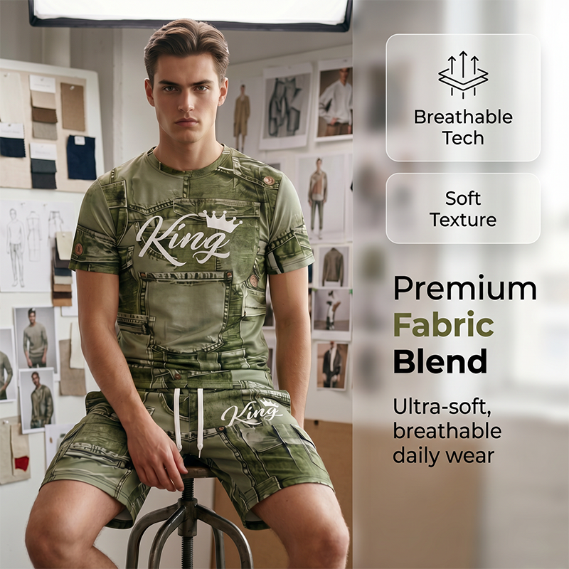🔥 NUR SOLANGE DER VORRAT REICHT – 50% RABATT! 🎉 Herren Sportset mit Kunstdenim Print – Kurzarm T-Shirt + Cargo Shorts, elastischer Stoff für Fitness, Laufen & Alltag