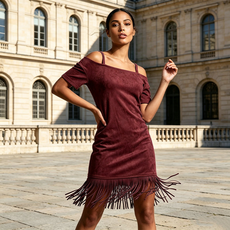 ⏰ Letzte Welle – Lager fast leer – 50% endet jederzeit！Damen Off-Shoulder-Träger-Fransenkleid