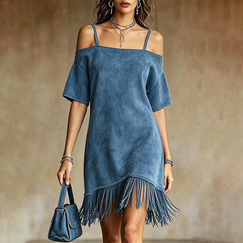 ⏰ Letzte Welle – Lager fast leer – 50% endet jederzeit！Damen Off-Shoulder-Träger-Fransenkleid