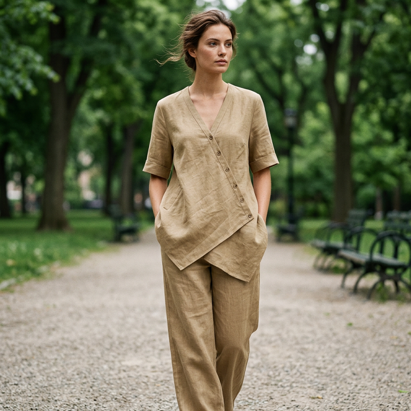 Set aus asymmetrischem Oberteil und Hose mit weitem Bein für Damen