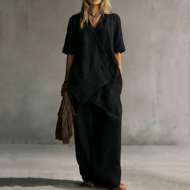 Set aus asymmetrischem Oberteil und Hose mit weitem Bein für Damen
