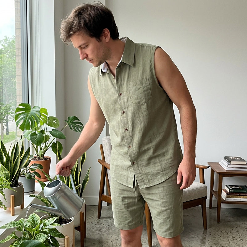 👔 Herren Leinen ärmelloses Hemd & Shorts Set – leicht, atmungsaktiv & vielseitig – perfekt für warme Tage, Strand & Freizeit – lässiger Look mit hohem Tragekomfort | Versandfrei