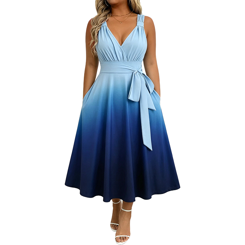 ⌛ Nur solange Vorrat reicht – danach regulärer Preis! Elegantes Damenkleid mit V-Ausschnitt, Farbverlauf und Taschen