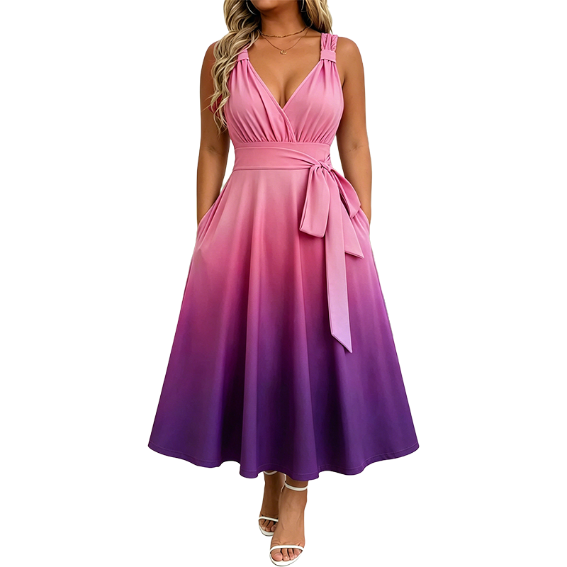 ⌛ Nur solange Vorrat reicht – danach regulärer Preis! Elegantes Damenkleid mit V-Ausschnitt, Farbverlauf und Taschen