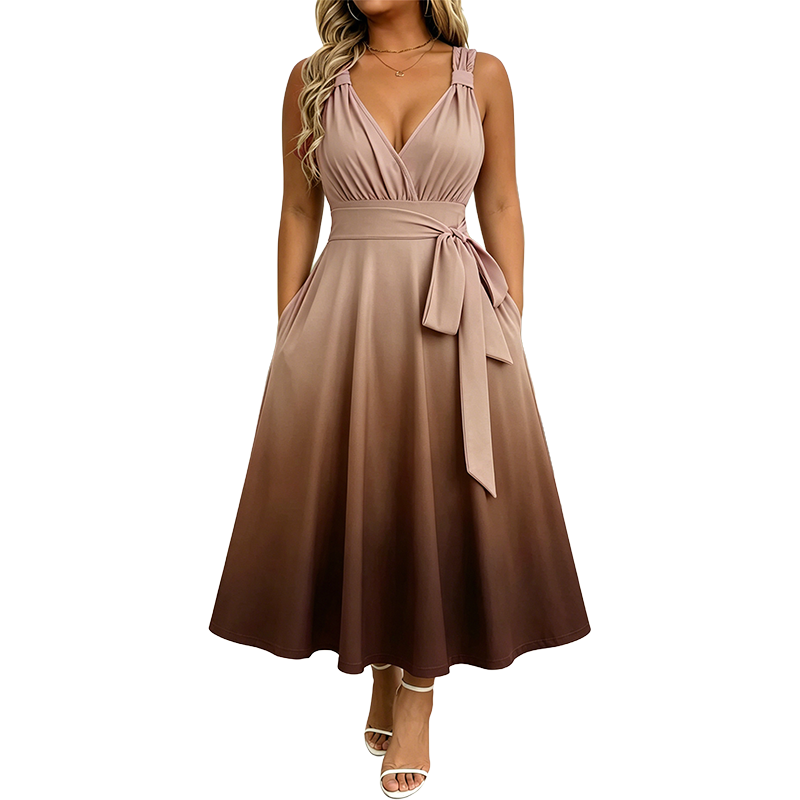 ⌛ Nur solange Vorrat reicht – danach regulärer Preis! Elegantes Damenkleid mit V-Ausschnitt, Farbverlauf und Taschen