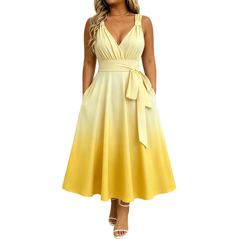 ⌛ Nur solange Vorrat reicht – danach regulärer Preis! Elegantes Damenkleid mit V-Ausschnitt, Farbverlauf und Taschen