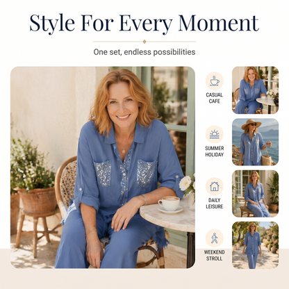 Set aus Pailletten-Bluse und Hose mit weitem Bein für Damen