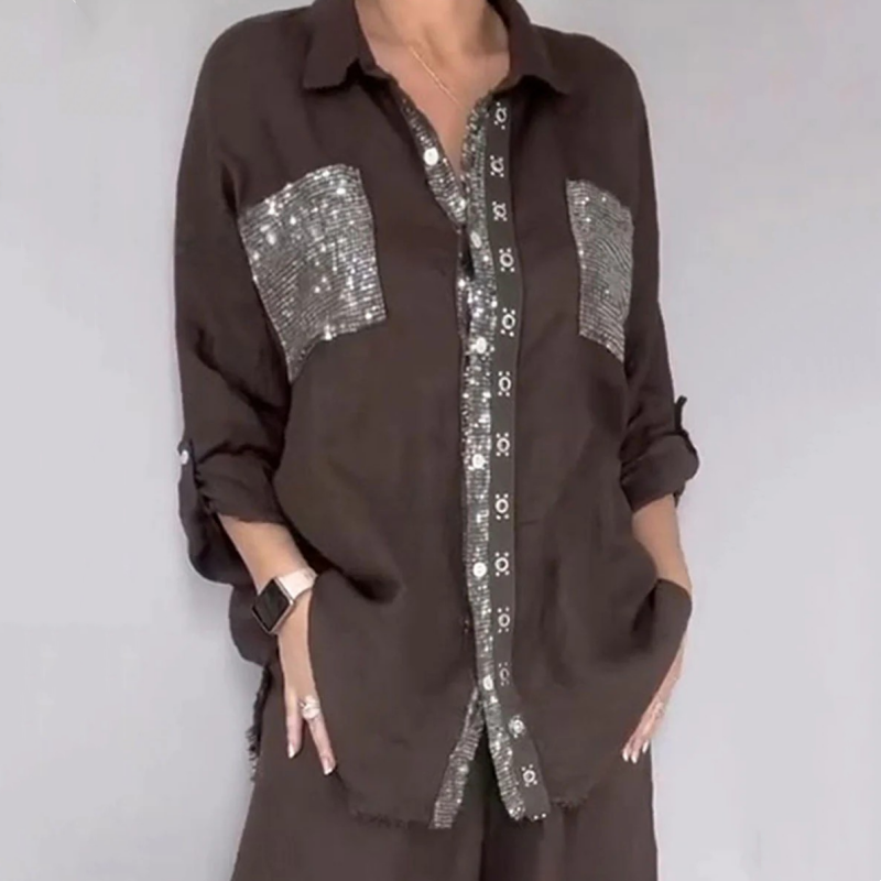 Set aus Pailletten-Bluse und Hose mit weitem Bein für Damen
