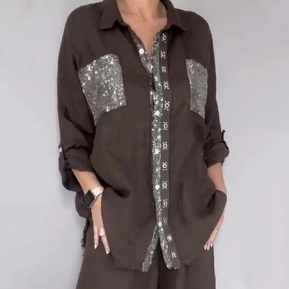 Set aus Pailletten-Bluse und Hose mit weitem Bein für Damen