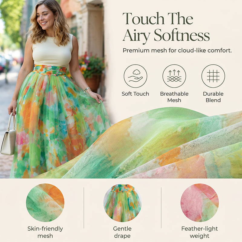 ⌛Zeitlich begrenztes Angebot – Midi-Rock aus Tüll mit Aquarell-Blumenmuster für Damen
