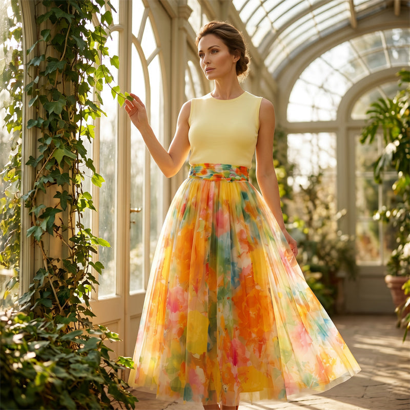 ⌛Zeitlich begrenztes Angebot – Midi-Rock aus Tüll mit Aquarell-Blumenmuster für Damen
