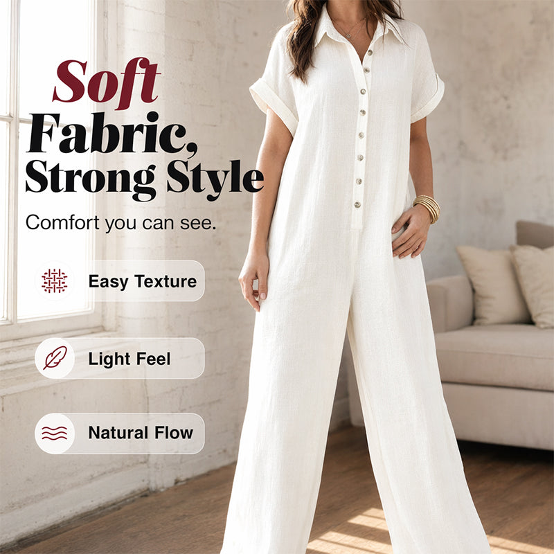🚀 Neu eingetroffen – 50% Probierpreis! Lässiger, locker sitzender Kurzarm-Jumpsuit mit Knöpfen für Damen