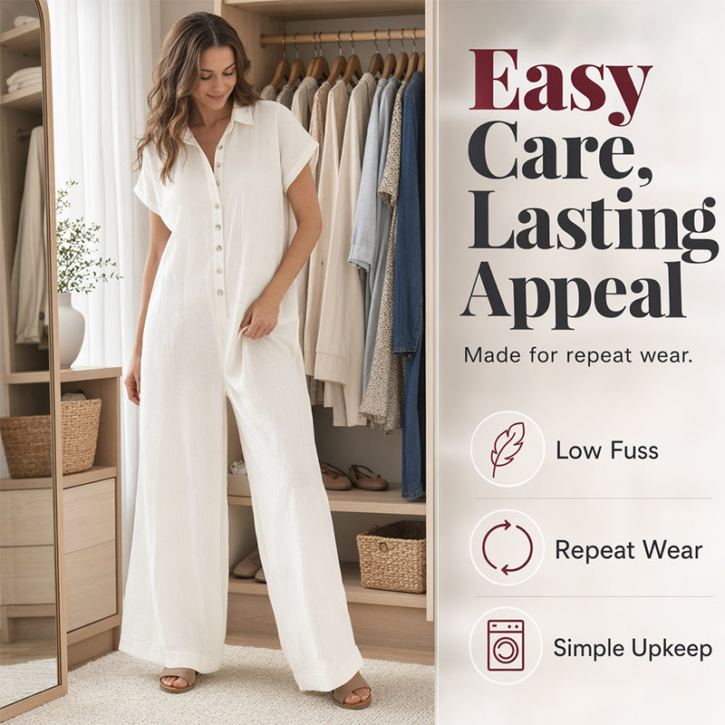 🚀 Neu eingetroffen – 50% Probierpreis! Lässiger, locker sitzender Kurzarm-Jumpsuit mit Knöpfen für Damen