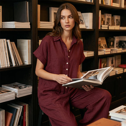 🚀 Neu eingetroffen – 50% Probierpreis! Lässiger, locker sitzender Kurzarm-Jumpsuit mit Knöpfen für Damen