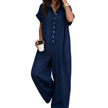 🚀 Neu eingetroffen – 50% Probierpreis! Lässiger, locker sitzender Kurzarm-Jumpsuit mit Knöpfen für Damen