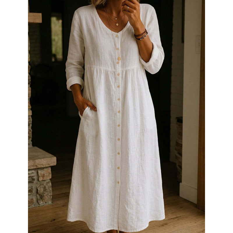 🎯 50%-Schnäppchen! Lässiges Midi-Kleid aus Leinen mit V-Ausschnitt und Knopfleiste für Damen