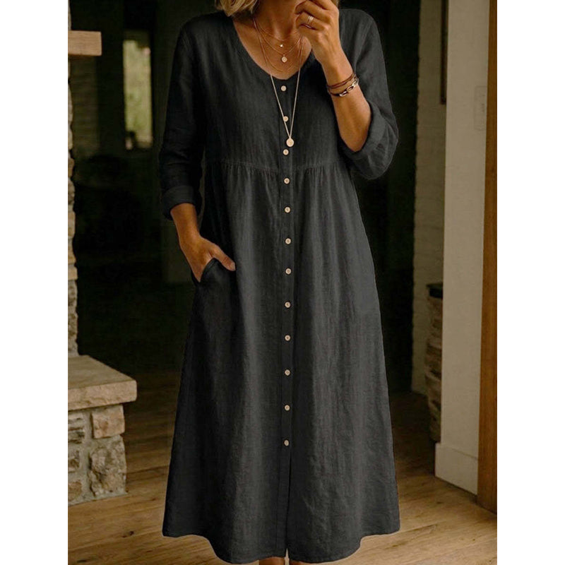 🎯 50%-Schnäppchen! Lässiges Midi-Kleid aus Leinen mit V-Ausschnitt und Knopfleiste für Damen