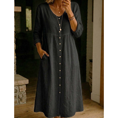 🎯 50%-Schnäppchen! Lässiges Midi-Kleid aus Leinen mit V-Ausschnitt und Knopfleiste für Damen