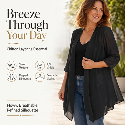 ☁️ So leicht wie eine Wolke – der Chiffon-Cardigan, der deinen Look im Handumdrehen aufwertet. Angenehm fallender Stoff, offene Vorderseite, perfekt für jede Figur. Dein neues Lieblingsteil für diese Saison! 🌸💫