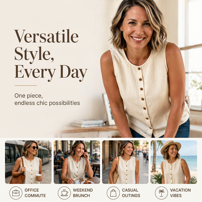 🧨 Bestseller ist zurück – alle, die beim letzten Mal leer ausgingen, jetzt zugreifen! Das ärmellose Tanktop mit Knopfleiste für Damen – ein Style, der einfach immer passt. ✨👚